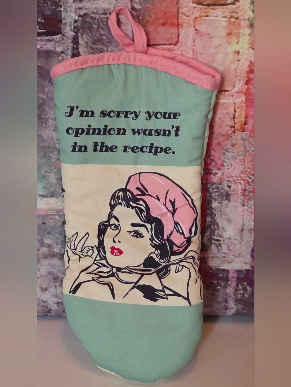 Daisys Boutique Mint Green & Pink Retro Recipe Quote Oven Mitt